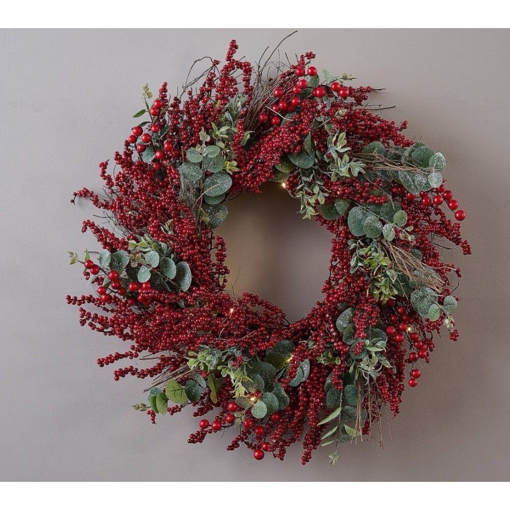 24" Illuminated Berry and Eucalyptus Wreath by Valerie